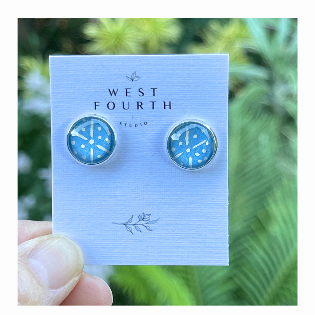 Cornflower Blue and White Geometric Patterned Earrings • Handmade with Japanese Papers