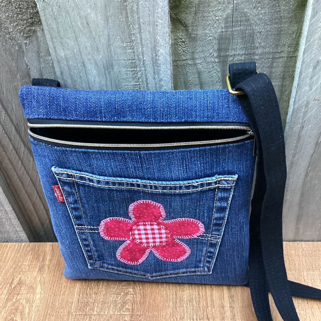Upcycled Denim Crossbody Bag - Red Flower