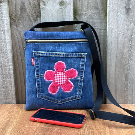 Upcycled Denim Crossbody Bag - Red Flower