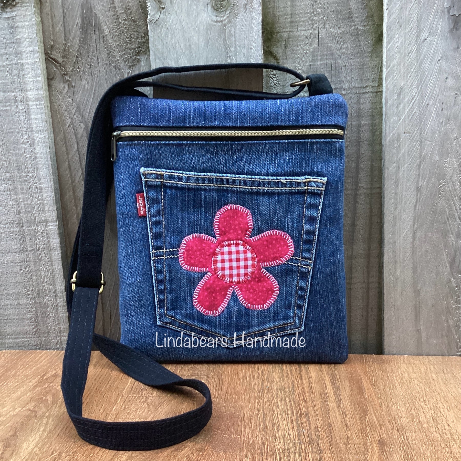 Upcycled Denim Crossbody Bag - Red Flower