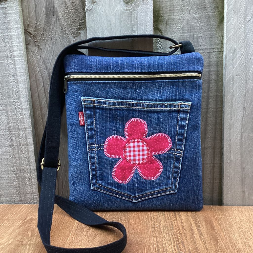 Upcycled Denim Crossbody Bag - Red Flower