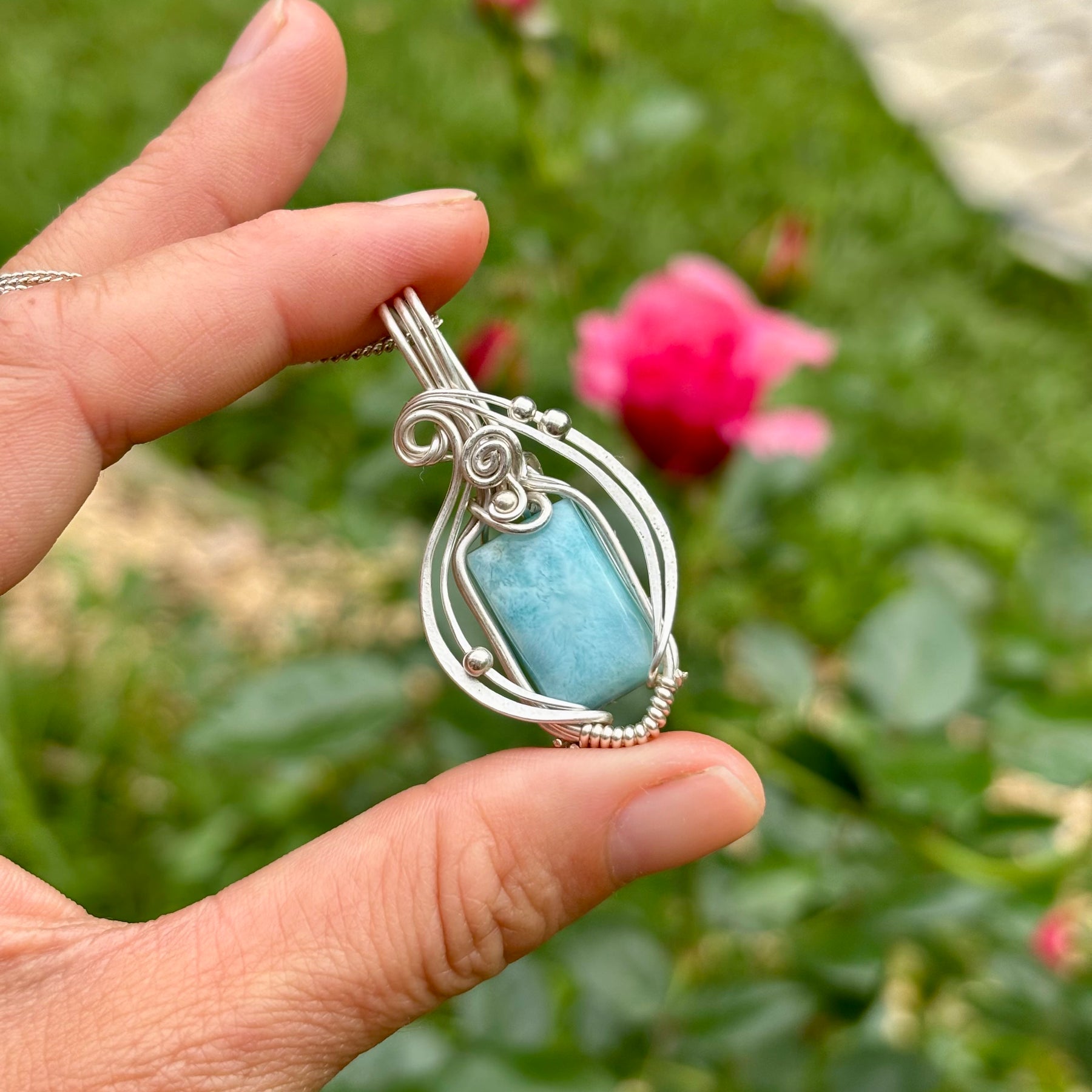 Simple silver Larimar crystal pendant
