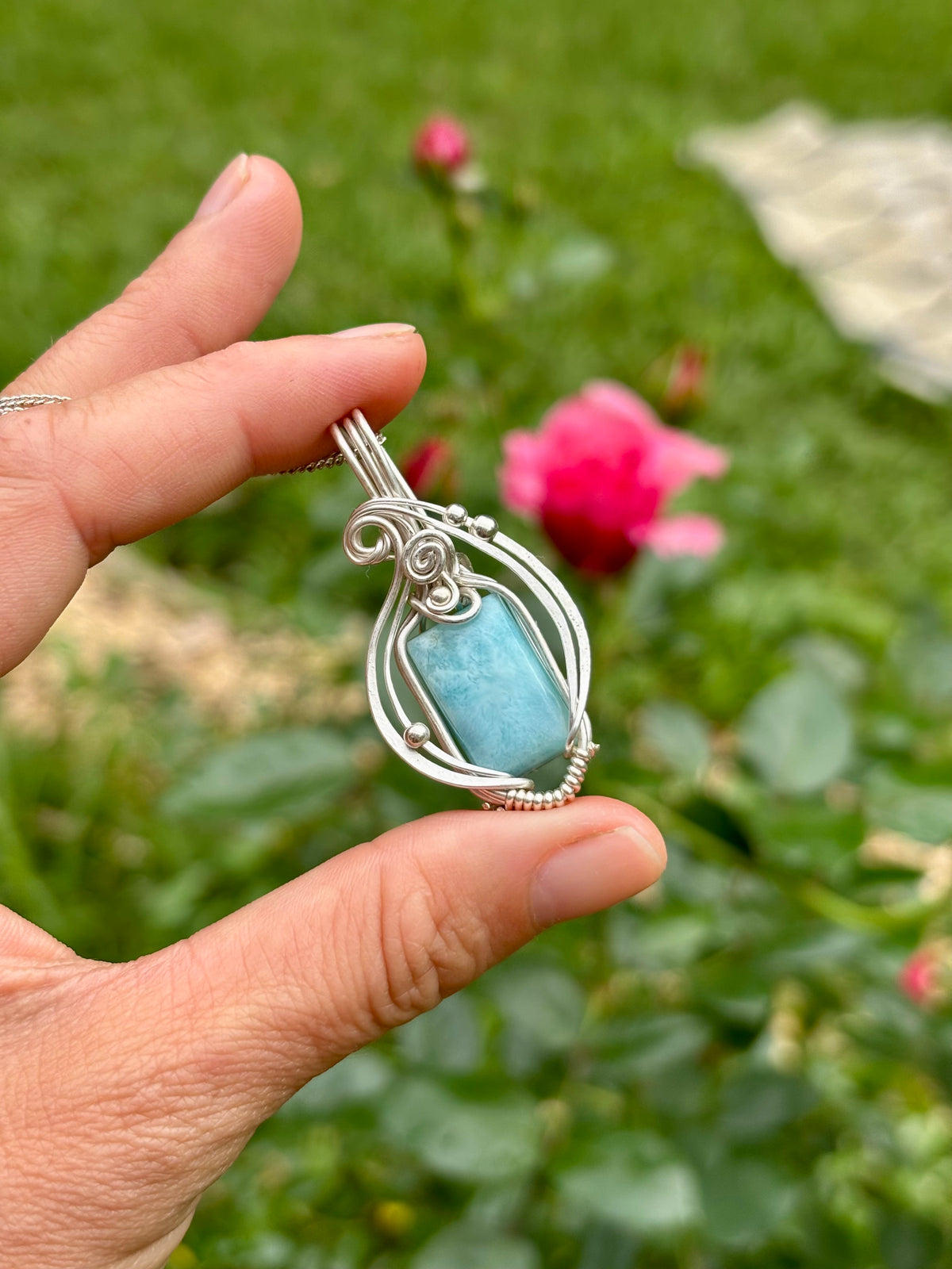 Simple silver Larimar crystal pendant