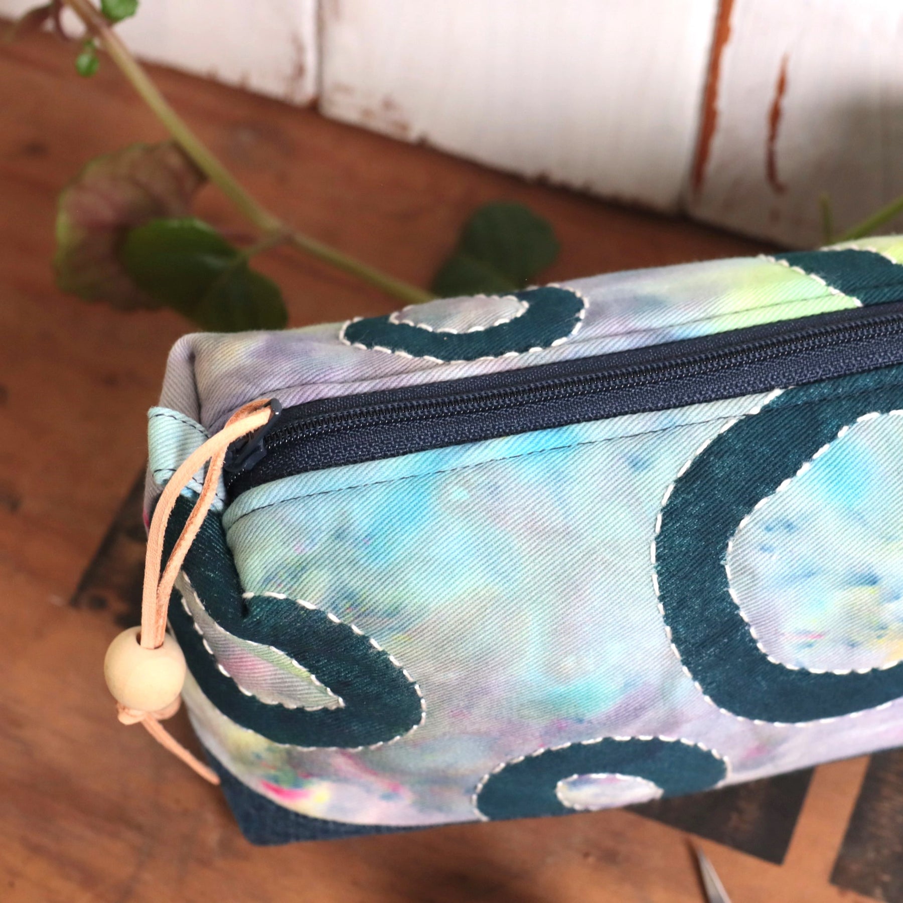 Ice Dyed and Block Printed Boxy Zipper Pouch, Pencil Case, Makeup Bag