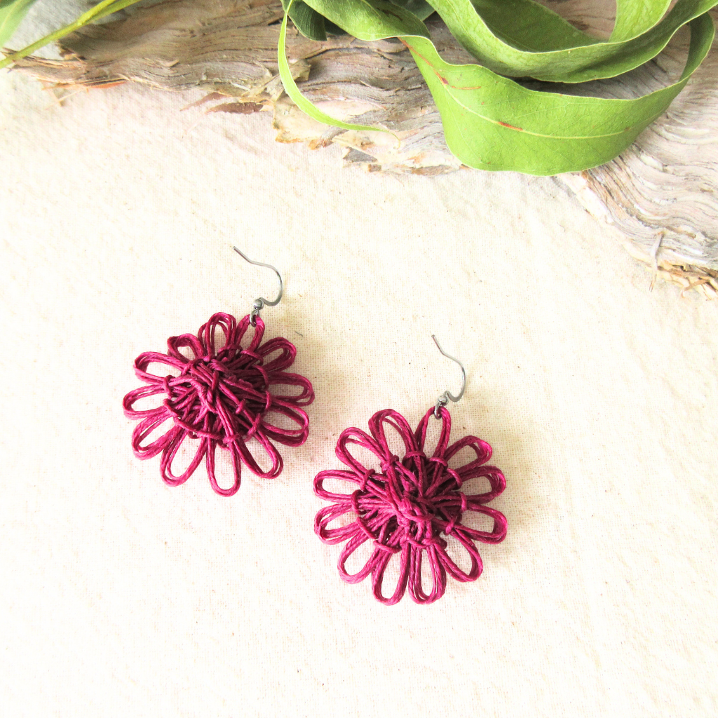 Meadow Bloom | Magenta Handmade Flower Earrings with Choice of Gemstone | Woven Bloom Tales Collection