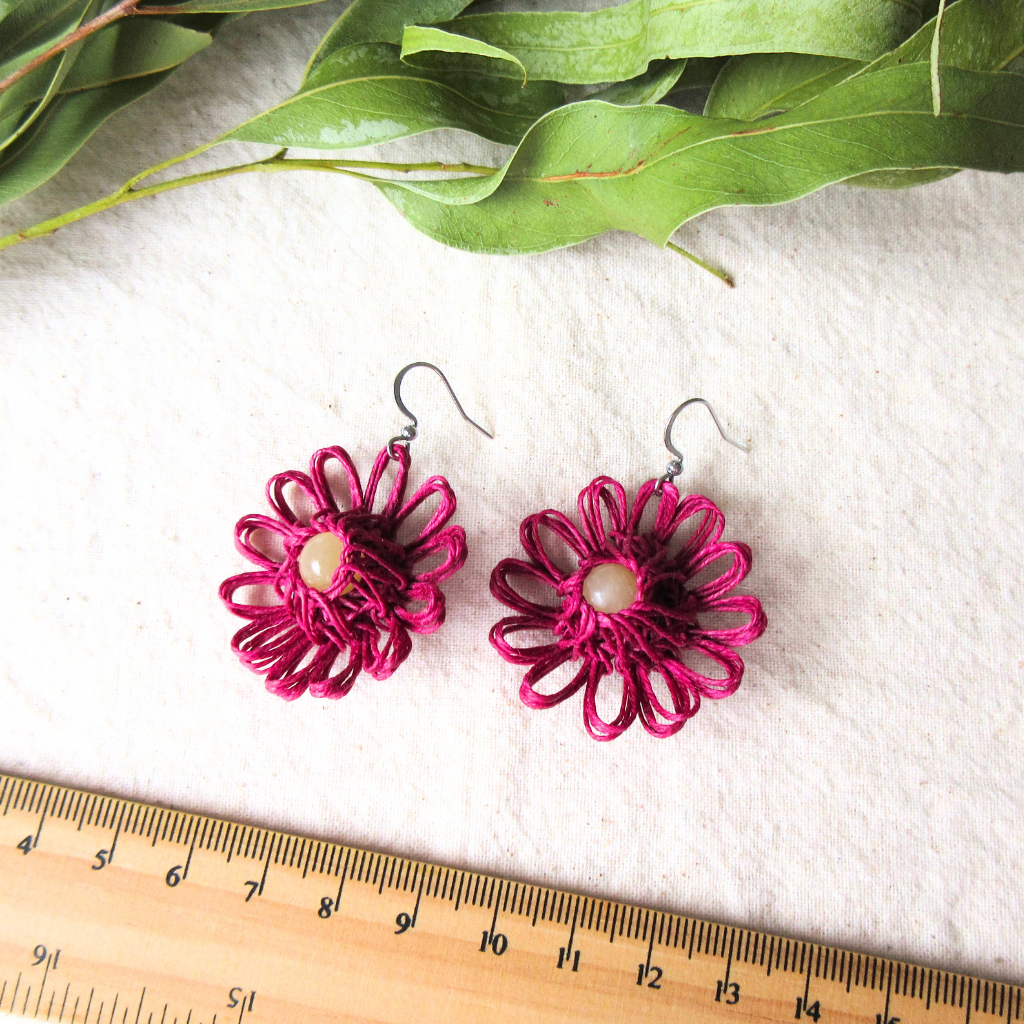 Meadow Bloom | Magenta Handmade Flower Earrings with Choice of Gemstone | Woven Bloom Tales Collection