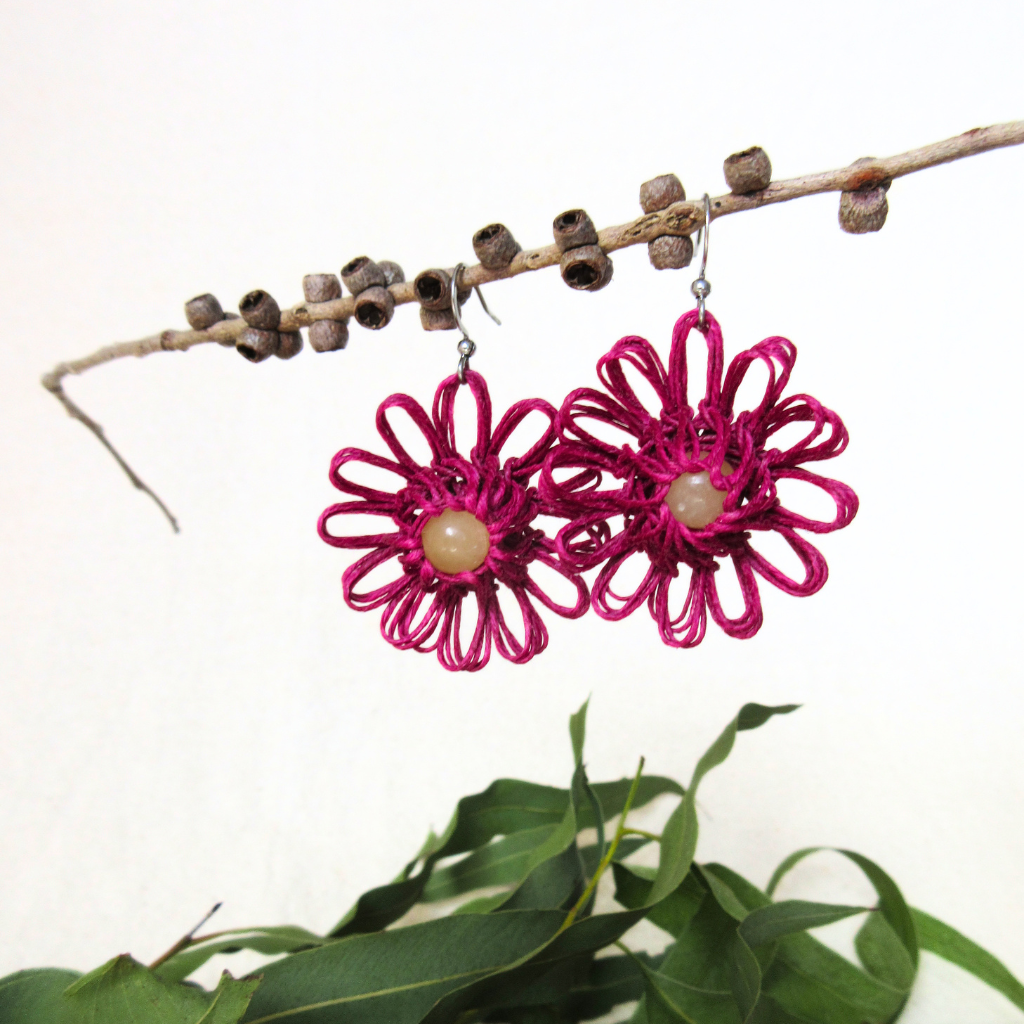 Meadow Bloom | Magenta Handmade Flower Earrings with Choice of Gemstone | Woven Bloom Tales Collection