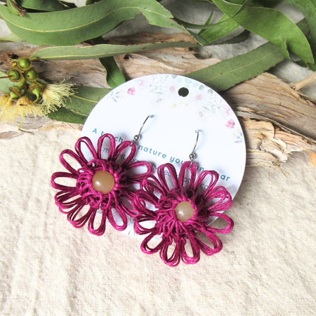 Meadow Bloom | Magenta Handmade Flower Earrings with Choice of Gemstone | Woven Bloom Tales Collection