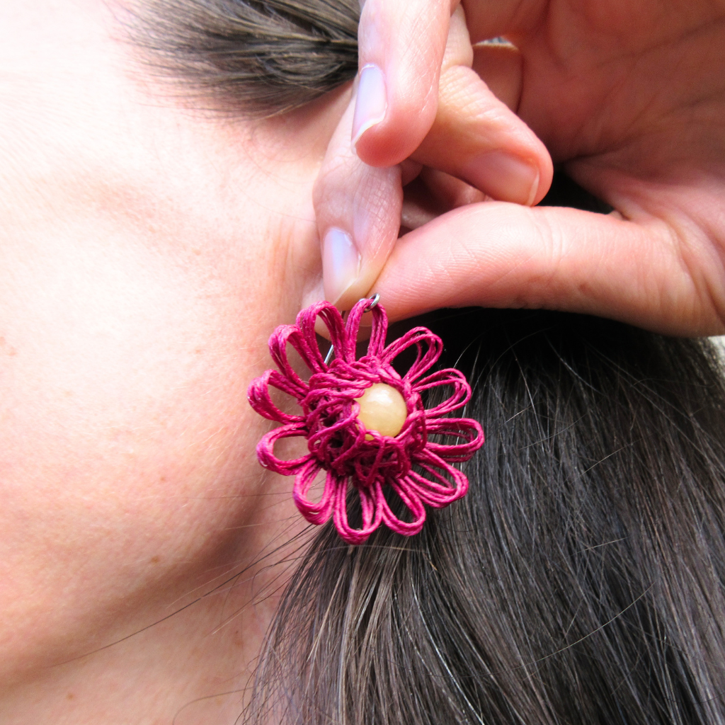 Meadow Bloom | Magenta Handmade Flower Earrings with Choice of Gemstone | Woven Bloom Tales Collection
