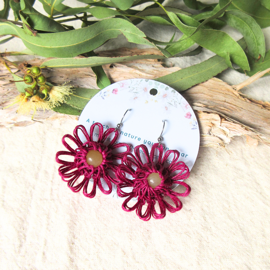 Meadow Bloom | Magenta Handmade Flower Earrings with Choice of Gemstone | Woven Bloom Tales Collection