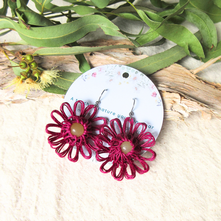 Meadow Bloom | Magenta Handmade Flower Earrings with Choice of Gemstone | Woven Bloom Tales Collection