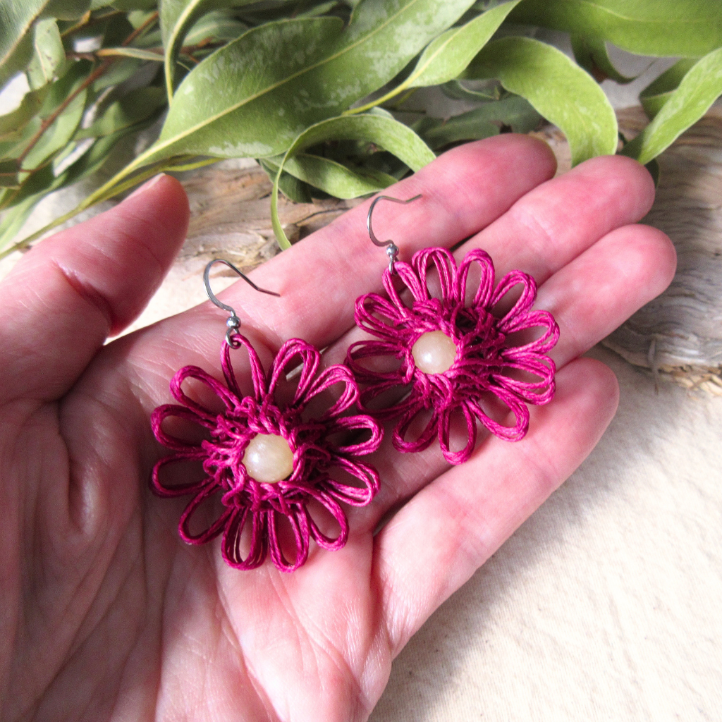 Meadow Bloom | Magenta Handmade Flower Earrings with Choice of Gemstone | Woven Bloom Tales Collection