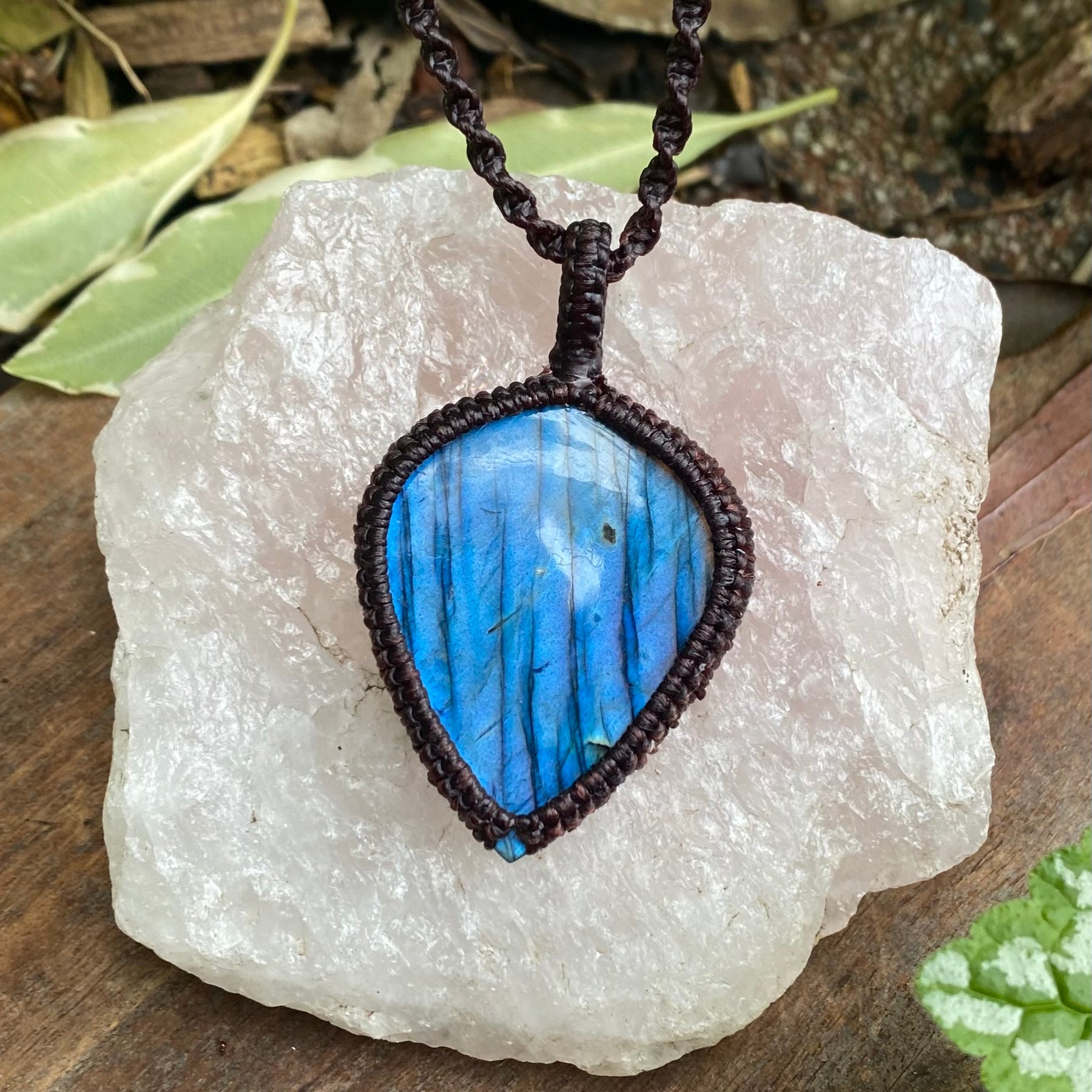 Labradorite Pendant: Blue flash Beaded Macrame, Adjustable Boho Gift