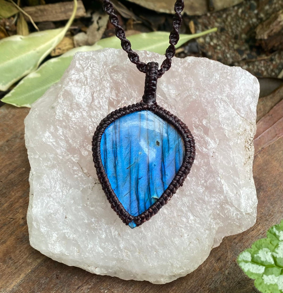 Labradorite Pendant: Blue flash Beaded Macrame, Adjustable Boho Gift