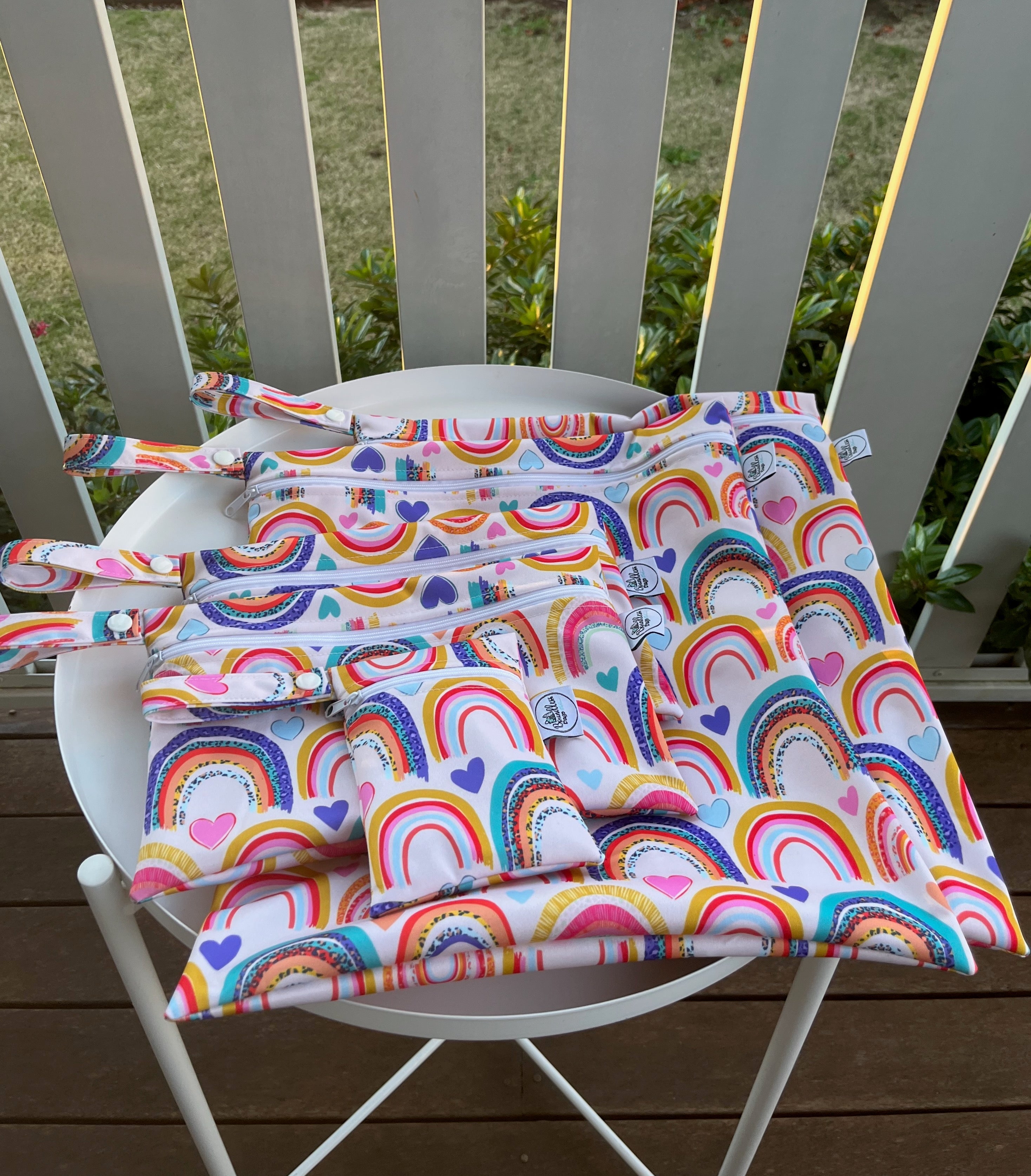 READY MADE Water-resistant wet bags - Rainbows with Hearts and Leopard (Kate Hennessy Design)