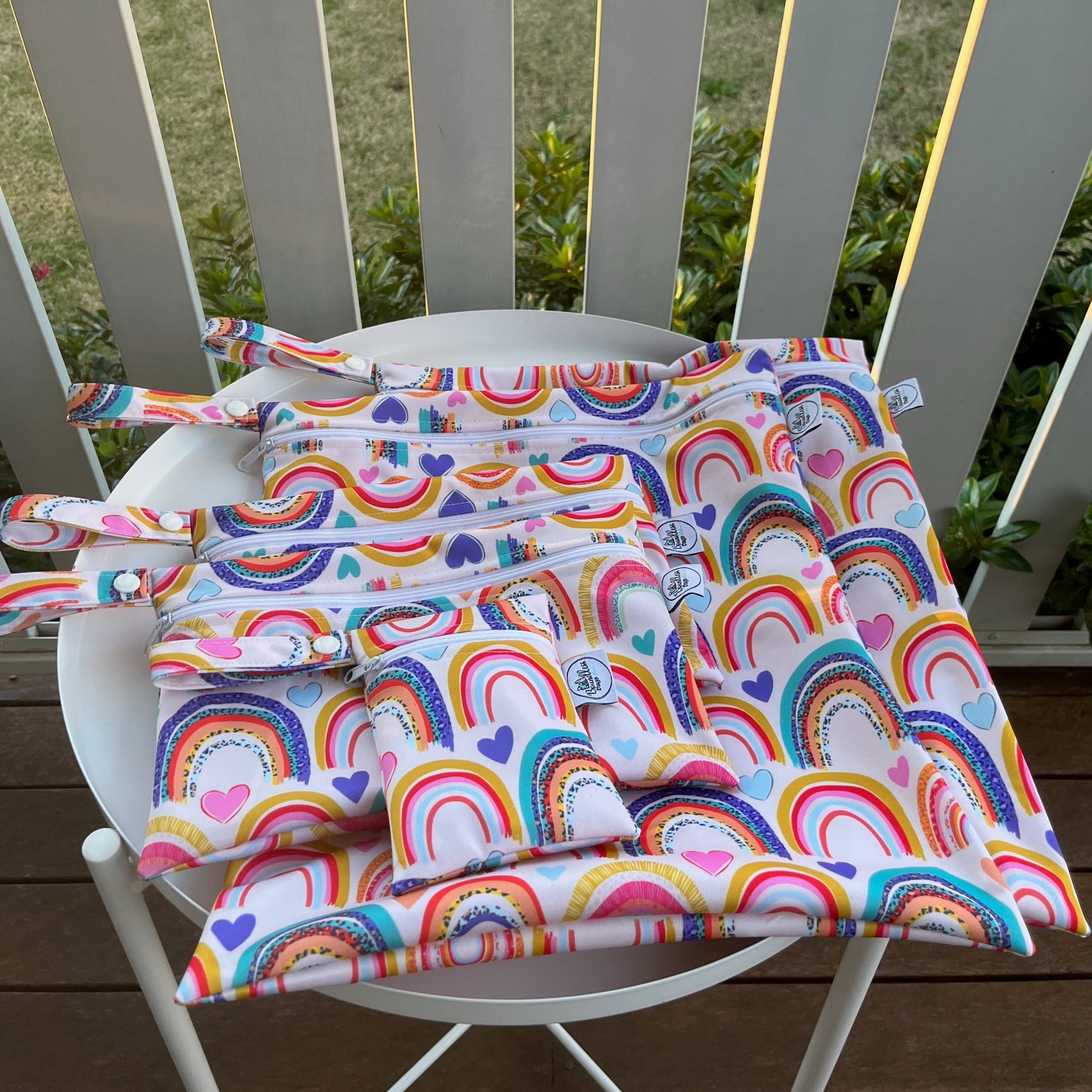 READY MADE Water-resistant wet bags - Rainbows with Hearts and Leopard (Kate Hennessy Design)  | Ready to ship | FREE Postage