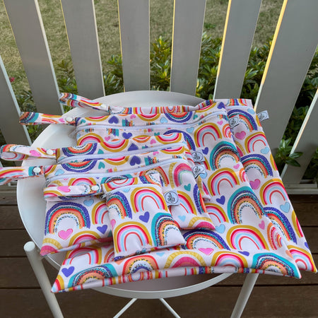 READY MADE Water-resistant wet bags - Rainbows with Hearts and Leopard (Kate Hennessy Design)