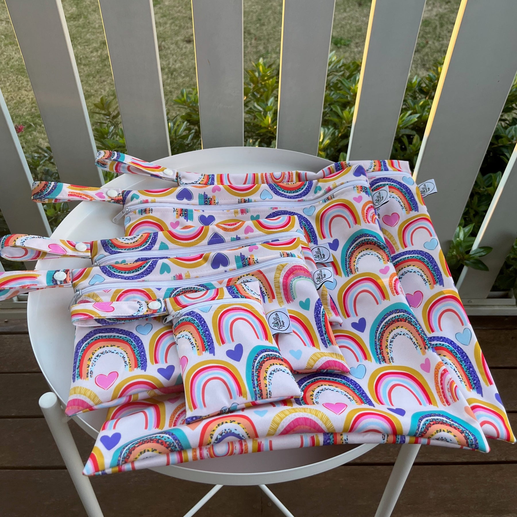READY MADE Water-resistant wet bags - Rainbows with Hearts and Leopard (Kate Hennessy Design)  | Ready to ship | FREE Postage