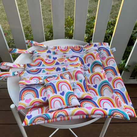 READY MADE Water-resistant wet bags - Rainbows with Hearts and Leopard (Kate Hennessy Design)  | Ready to ship | FREE Postage