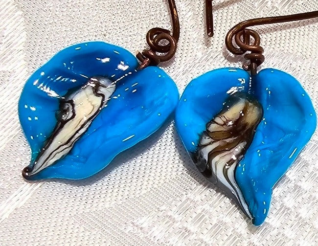 Blue Handmade Glass Leaf Earrings FREE POST