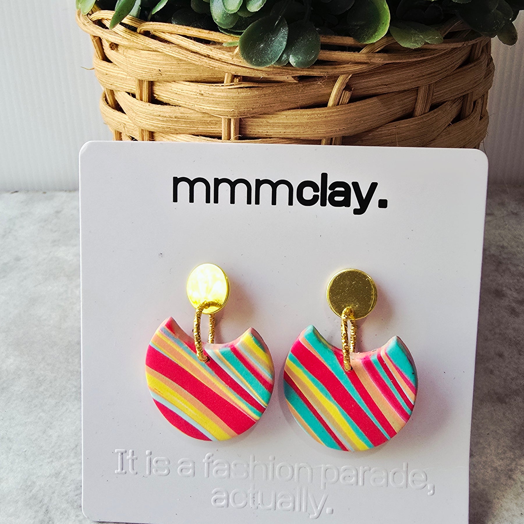 Multicolour Striped Polymer Clay Statement Drop Earrings | 9K Gold Plated