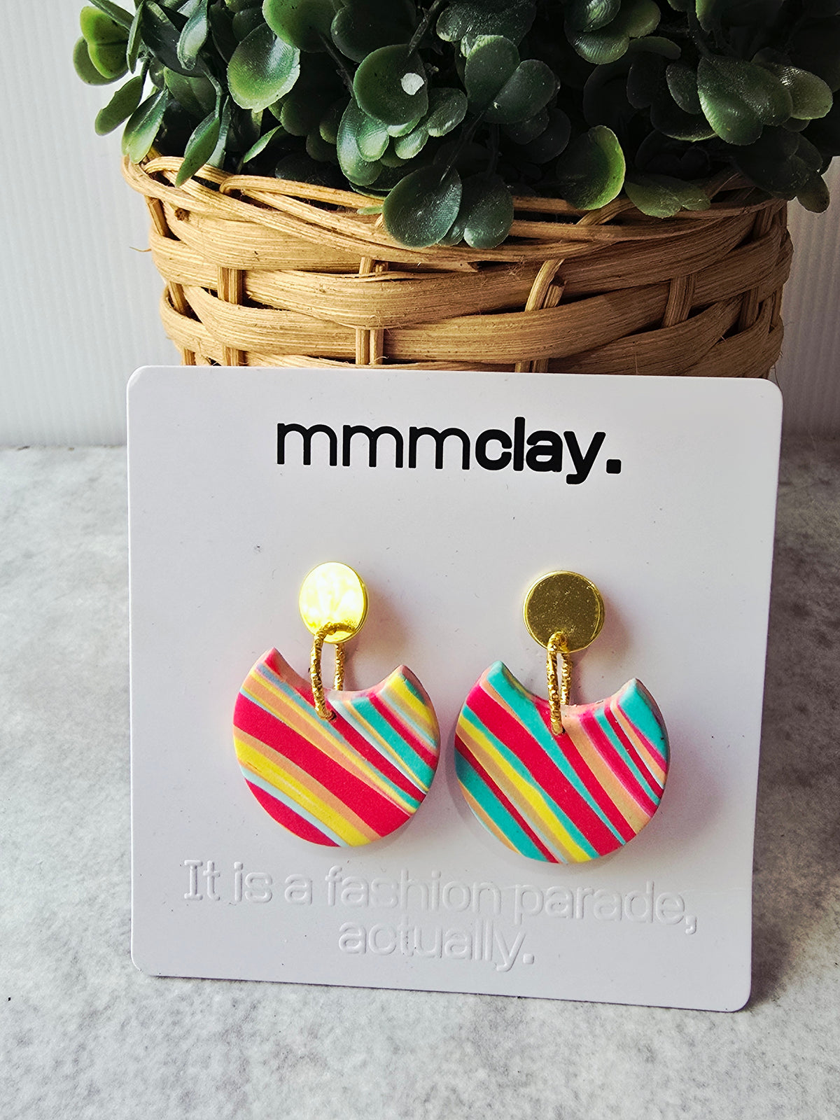 Multicolour Striped Polymer Clay Statement Drop Earrings | 9K Gold Plated