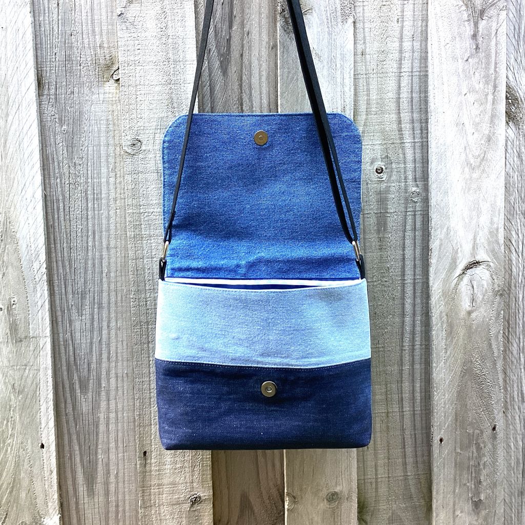 Upcycled Denim Cross Body Messenger Bag - Blue Stripes