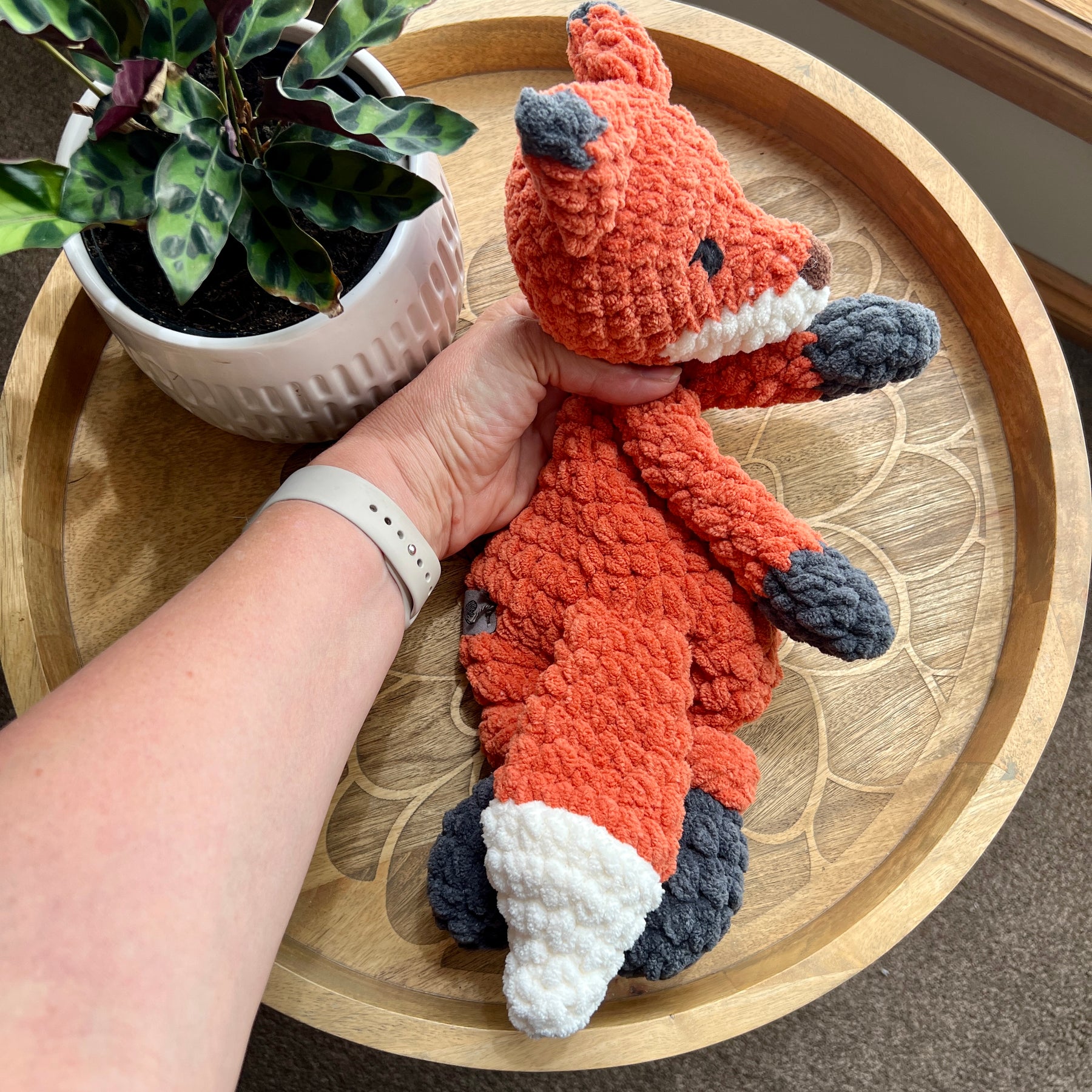 Handmade modern crochet toy Fox lovey snuggler plushie.