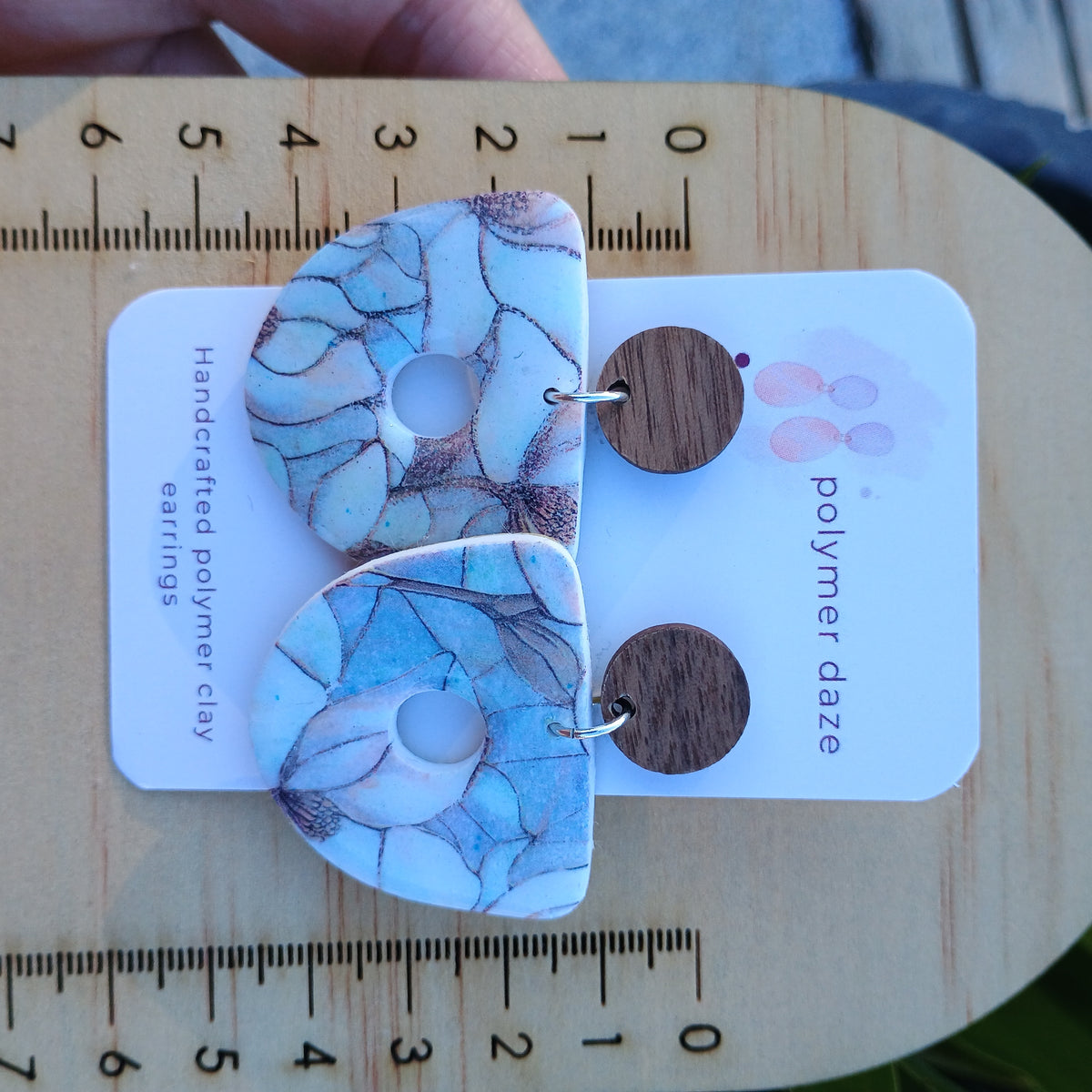 Marble floral earrings with natural wood stud
