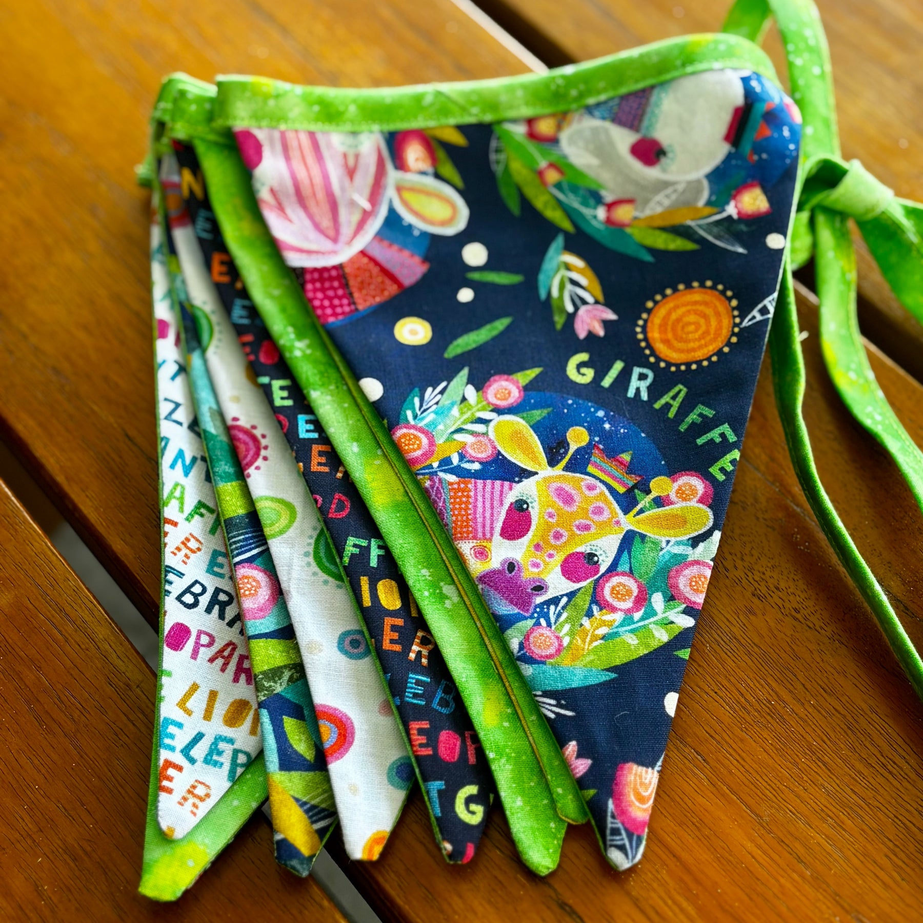 Party Time sustainable 12 flag bunting double sided with various backing and binding colours to choose from