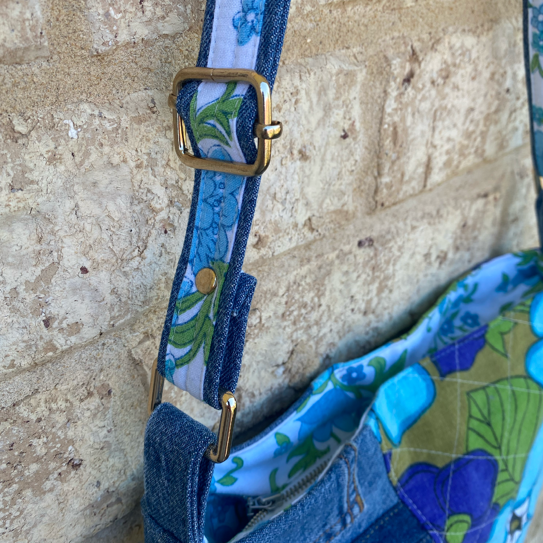 Handmade Shoulder Bag Upcycled Vintage Retro - Blue Bloom