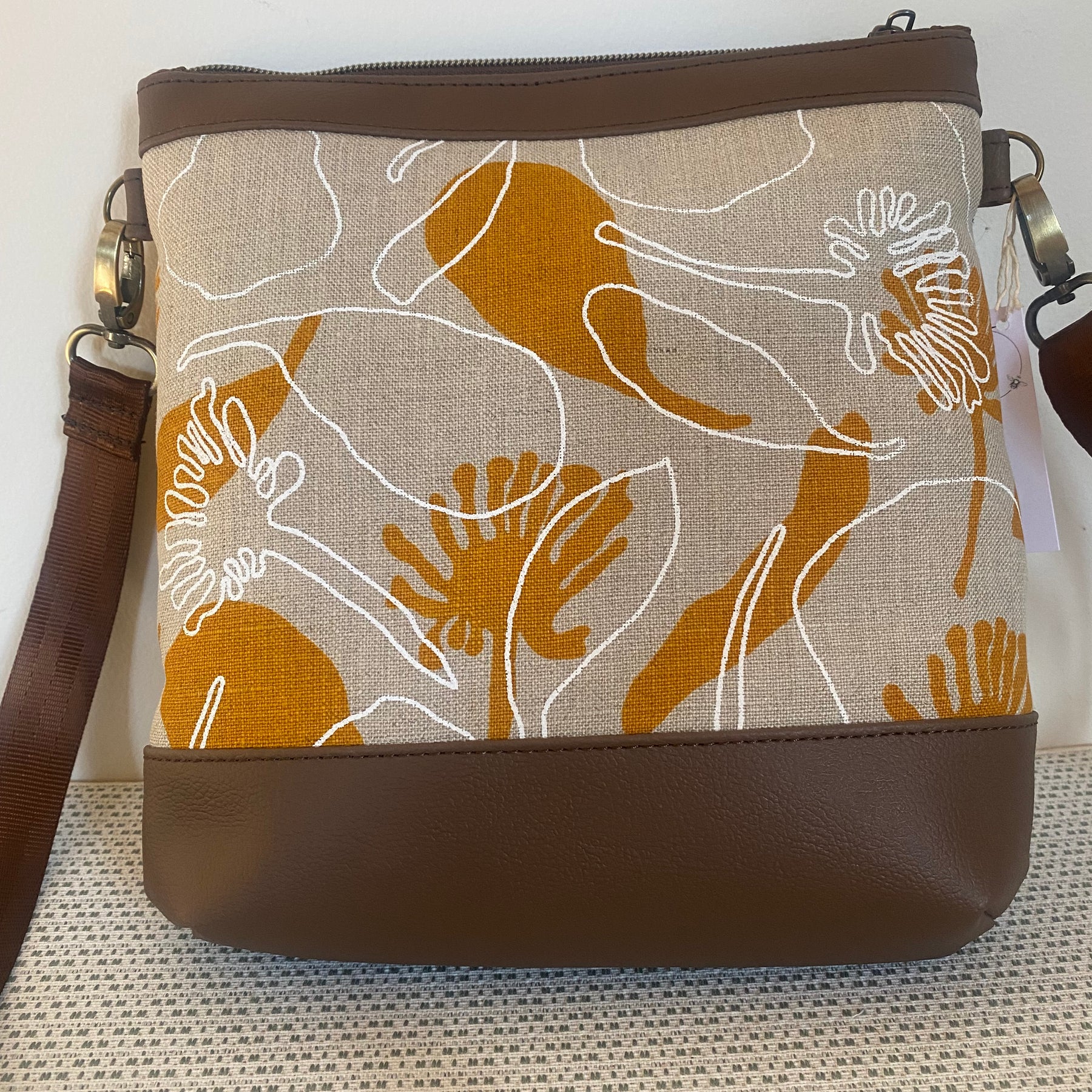 Mia Crossbody Bag - Yellow Seed Pods Screen Printed Linen with Dark Brown Faux Leather