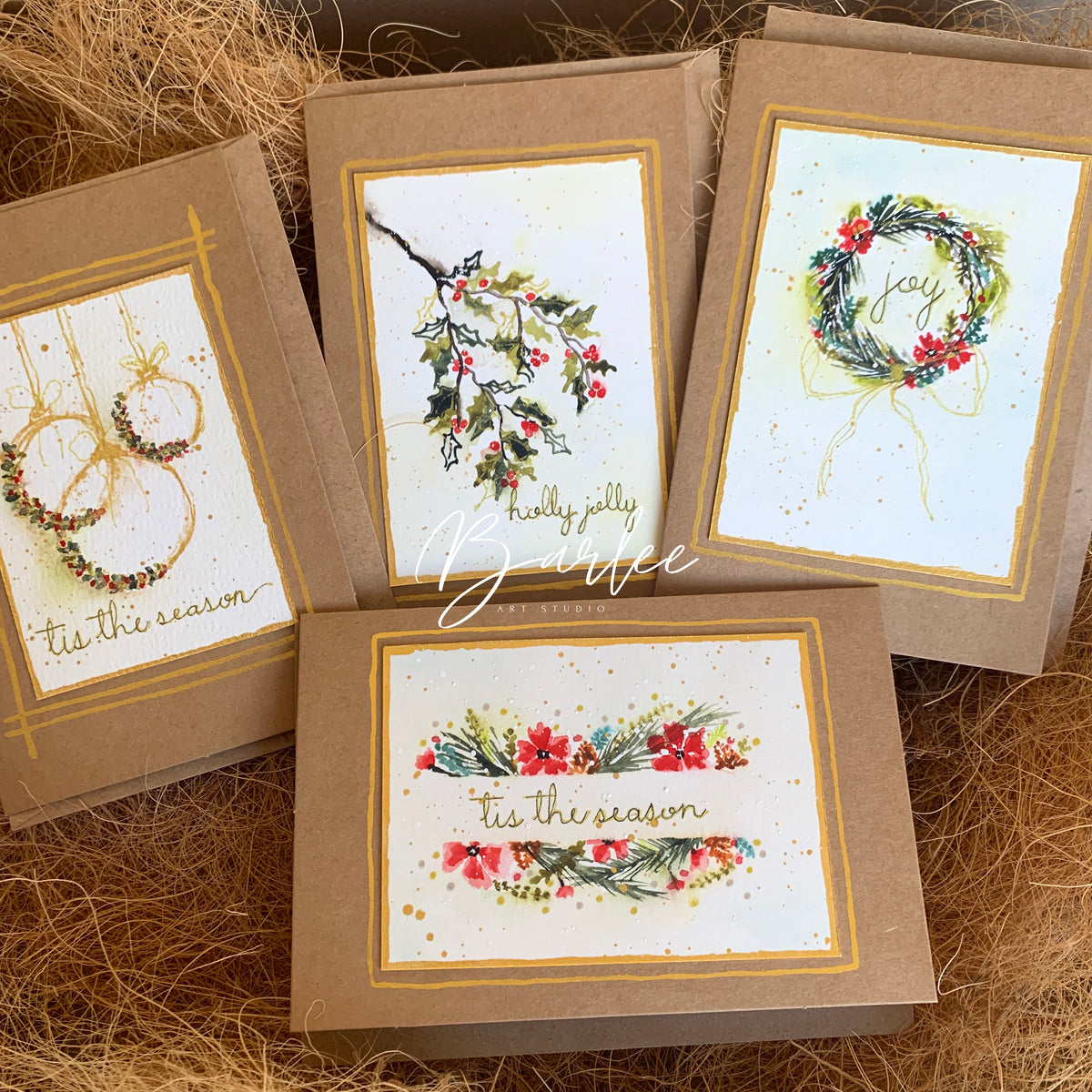 Set of 4 Hand-Painted Christmas Cards - One-of-a-Kind.