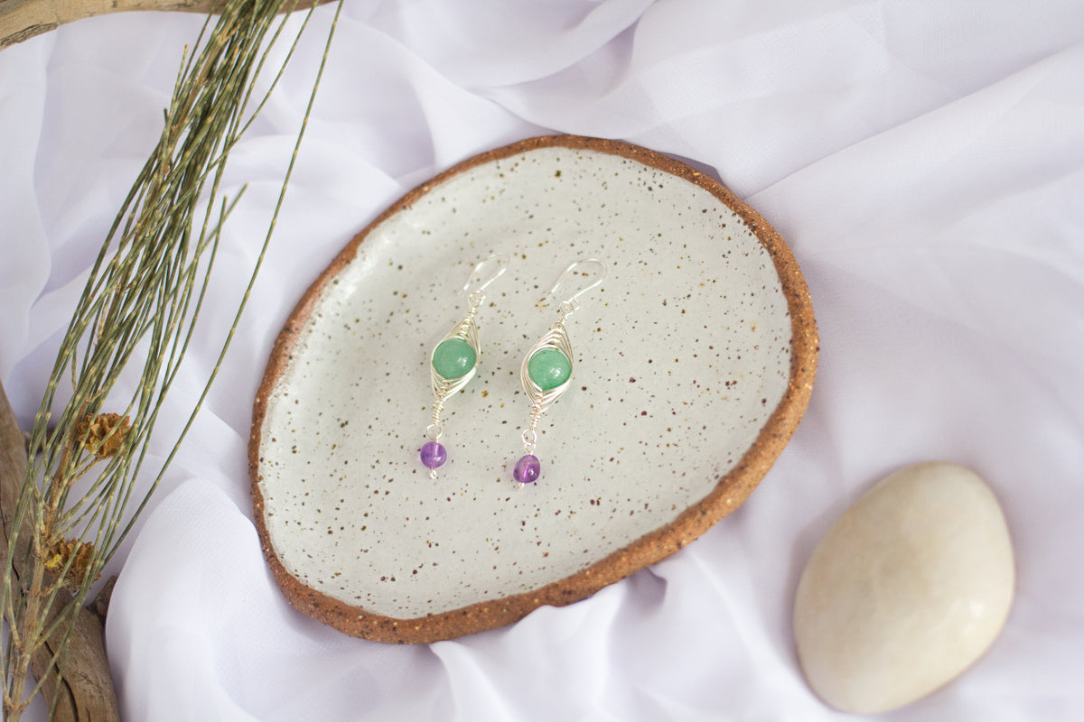 Green Aventurine and Amethyst Earrings | Gemstone Wire Wrap Jewellery