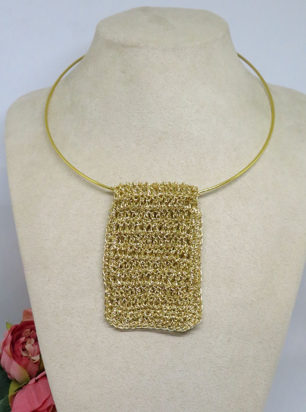 Bespoke Handmade Gold Shimmer Crochet Pendant Choker Necklace