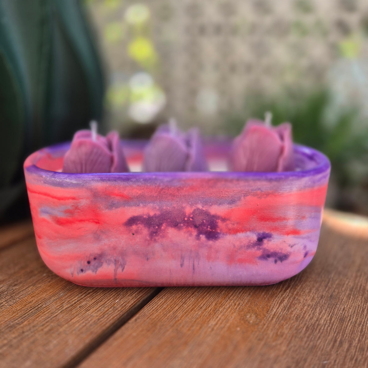 Red and purple oval concrete tulip bowl candle with sandalwood