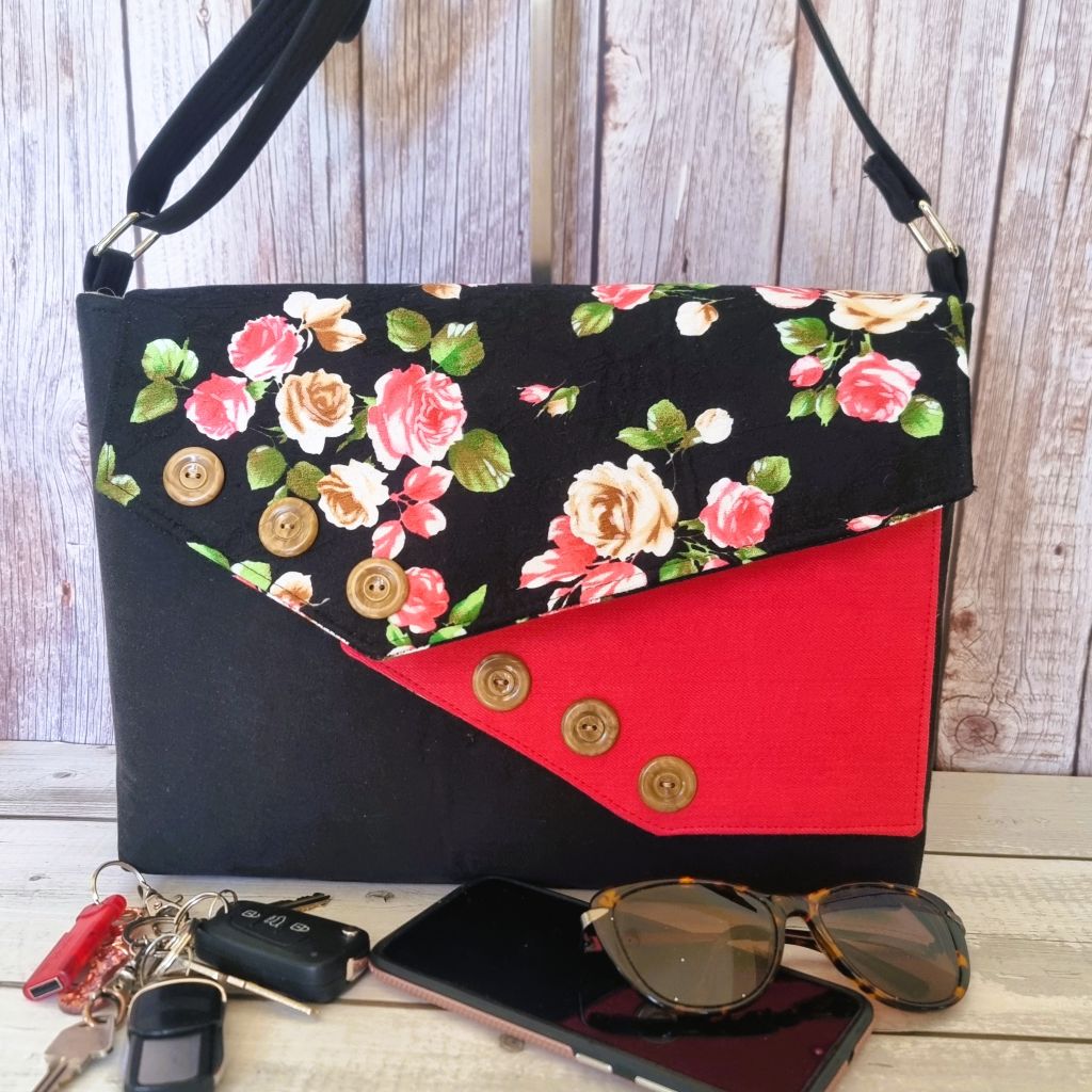 Upcycled assymetrical crossbody messenger bag - black & pink with roses