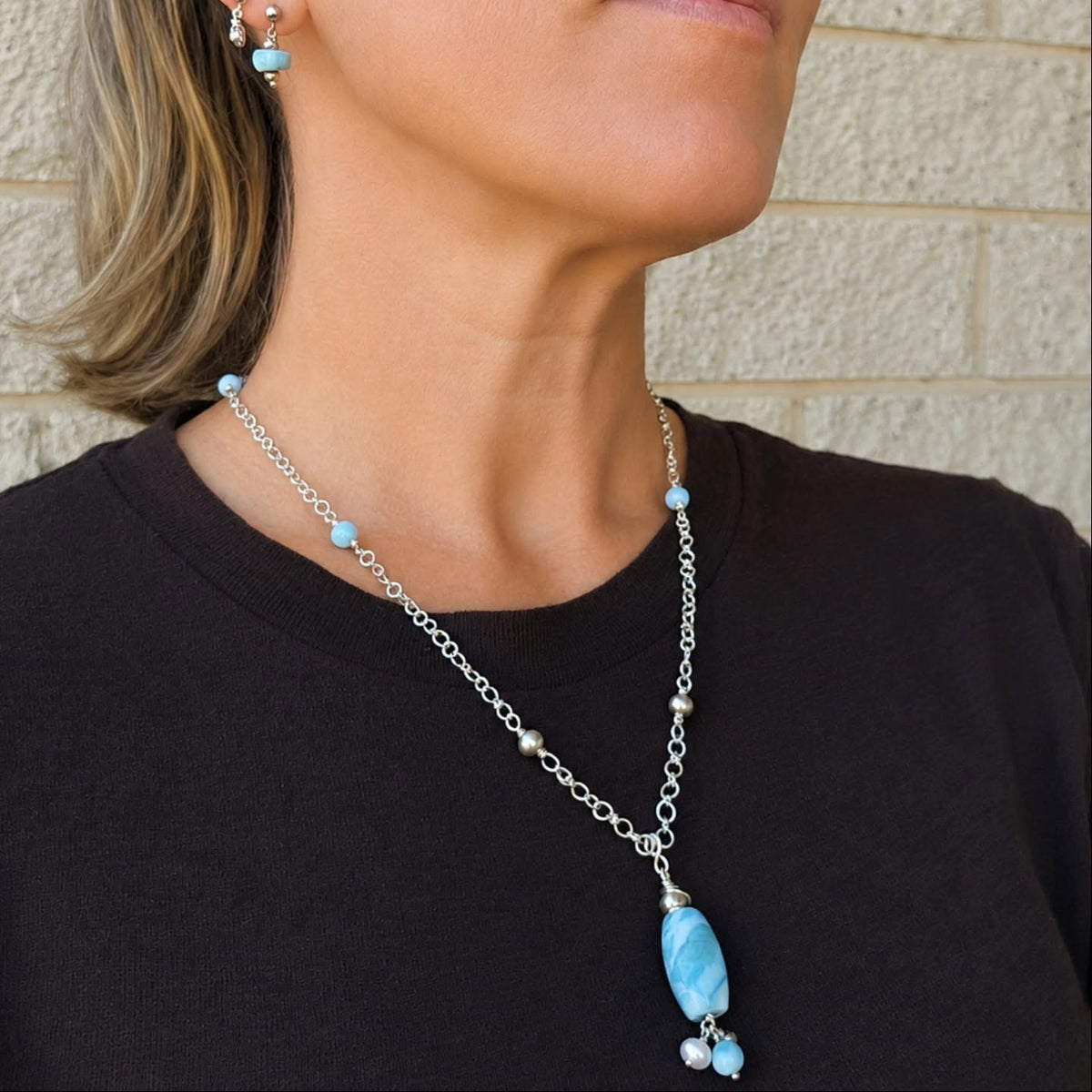 Thai Silver & Larimar Wirework Necklace with Freshwater Pearl