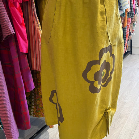 gorgeous mustardy linen, screenprinted skirt - medium 10-12 - violetclothing - free postage