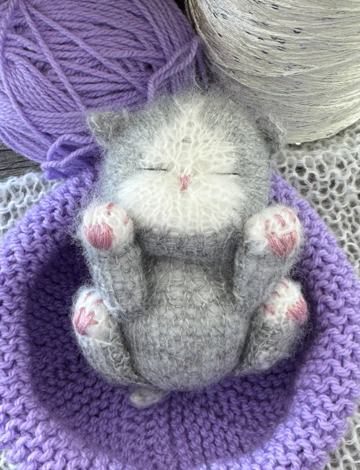 Handmade Grey Sleeping Kitten in a Lavender Bed