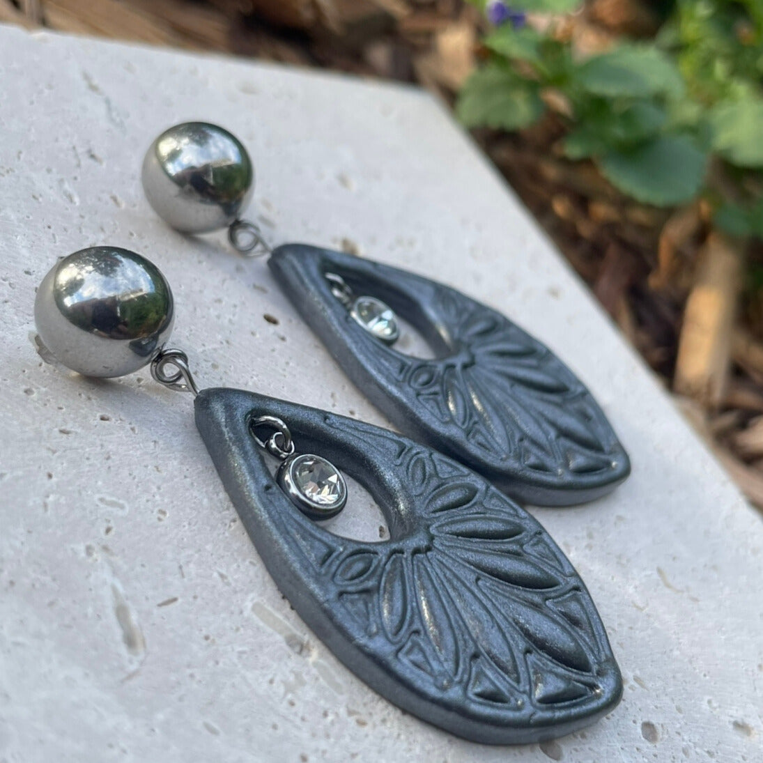 Shiny dark grey silver polymer clay earrings