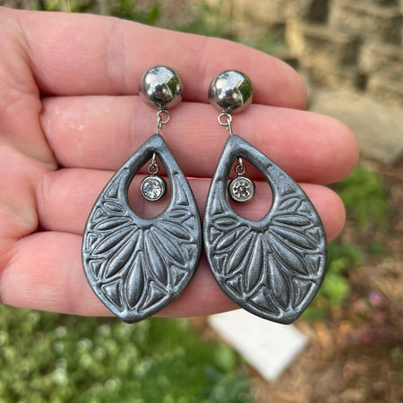 Shiny dark grey silver polymer clay earrings