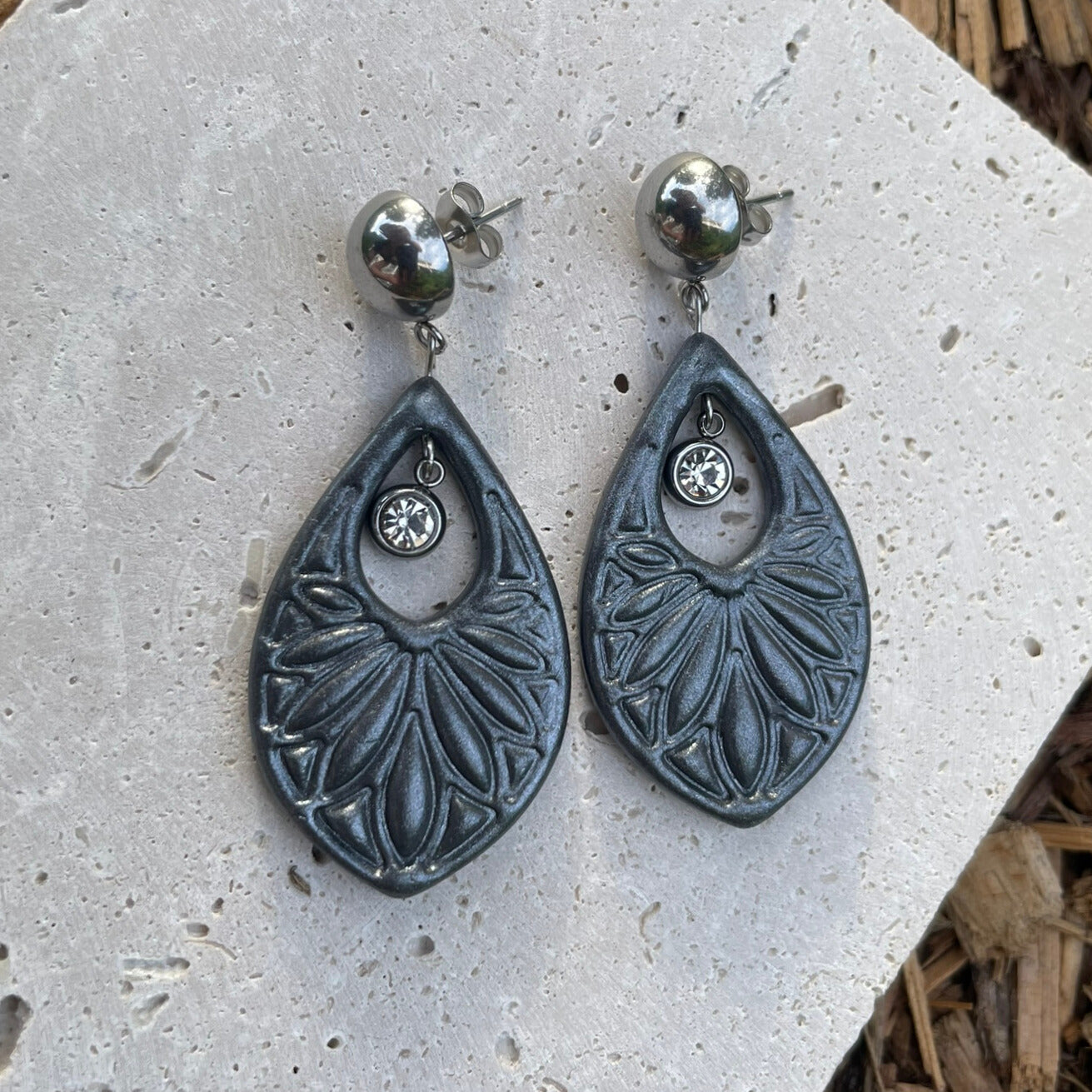Shiny dark grey silver polymer clay earrings