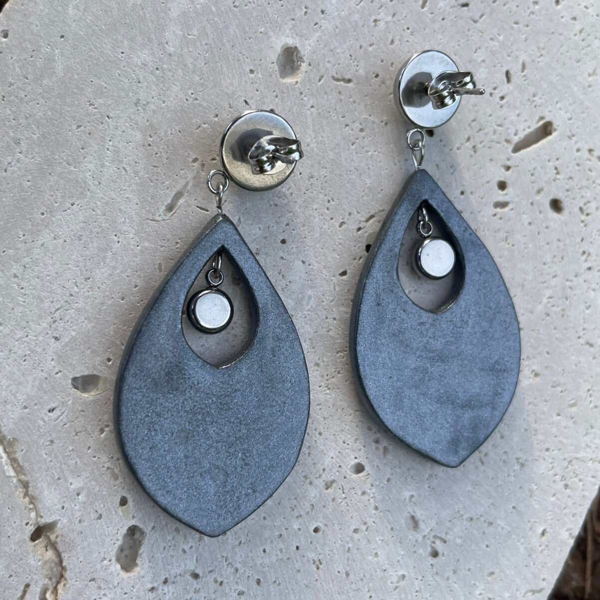 Shiny dark grey silver polymer clay earrings