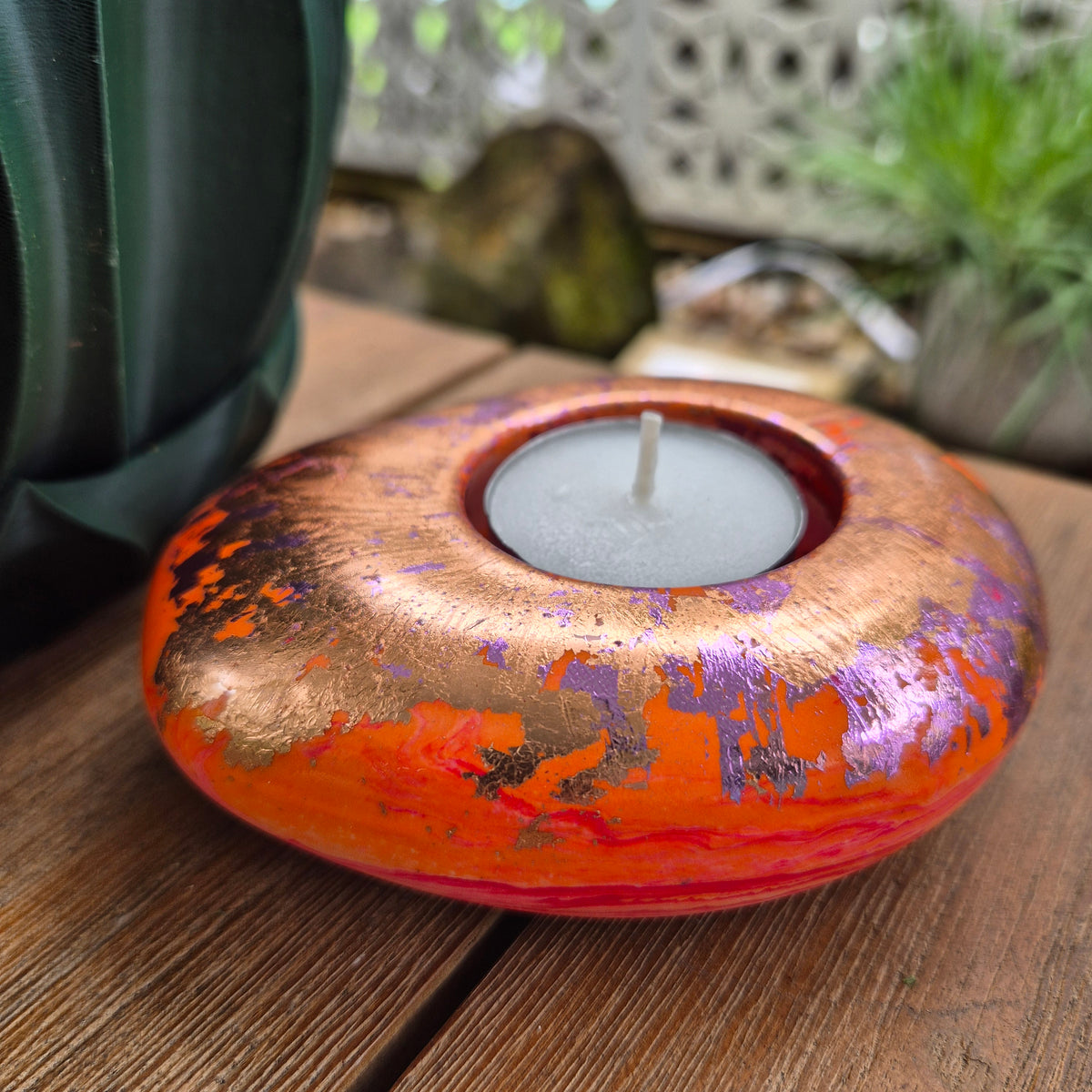 Large orange and gold pebble shaped tealight candle holder