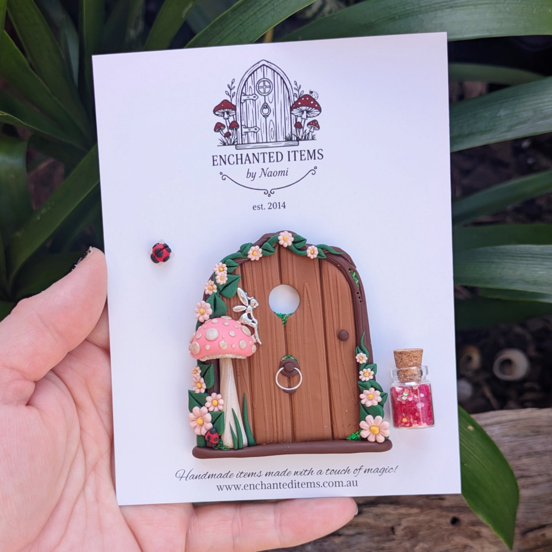 Mini Woodland Fairy Door with Pink Mushroom & Silver Fairy
