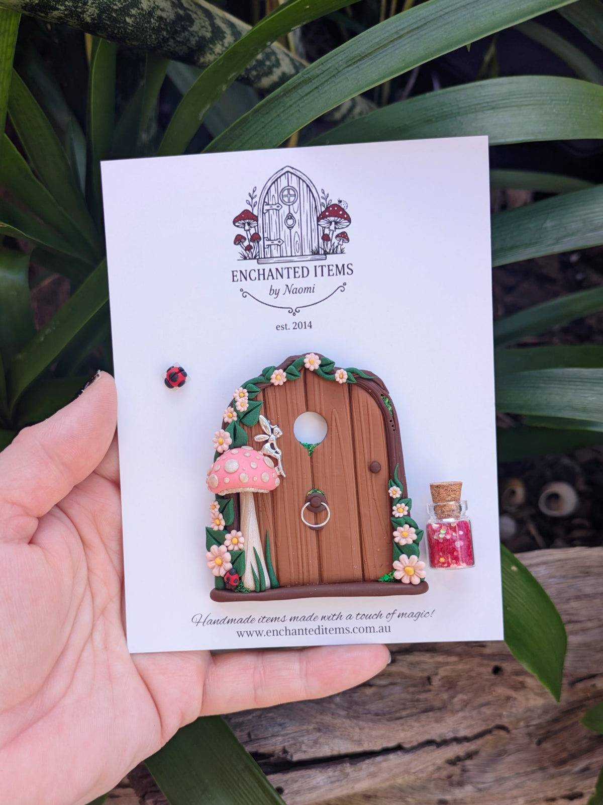 Mini Woodland Fairy Door with Pink Mushroom & Silver Fairy