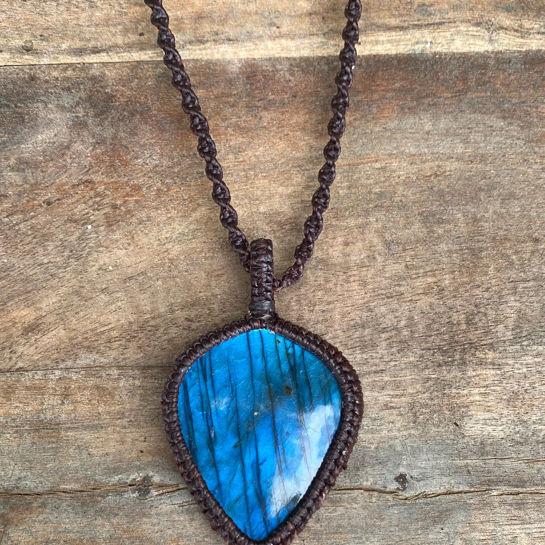 Labradorite Pendant: Blue flash Beaded Macrame, Adjustable Boho Gift