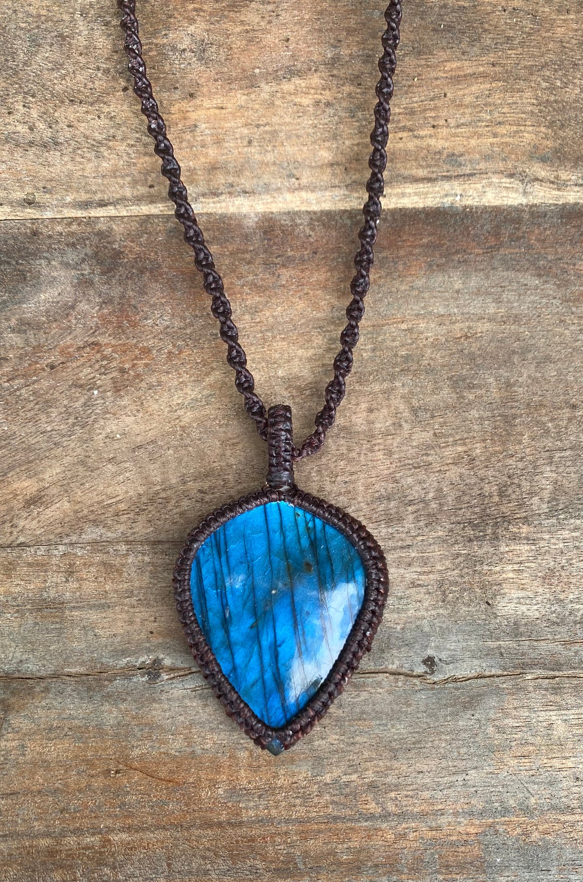 Labradorite Pendant: Blue flash Beaded Macrame, Adjustable Boho Gift