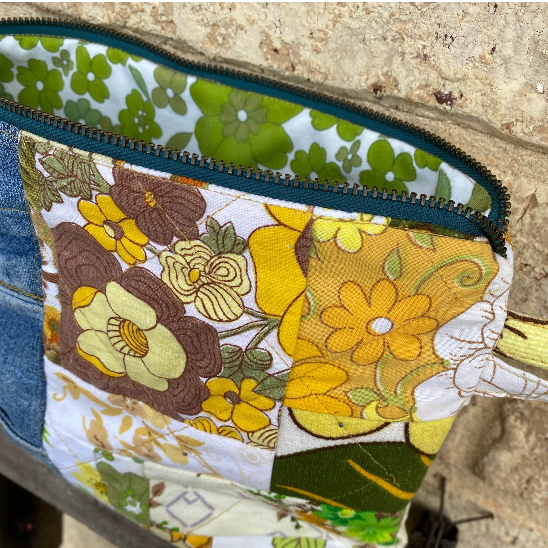 Golden Garden Pouch Cosmetic Everyday Bag Upcycled Vintage Fabrics & Denim
